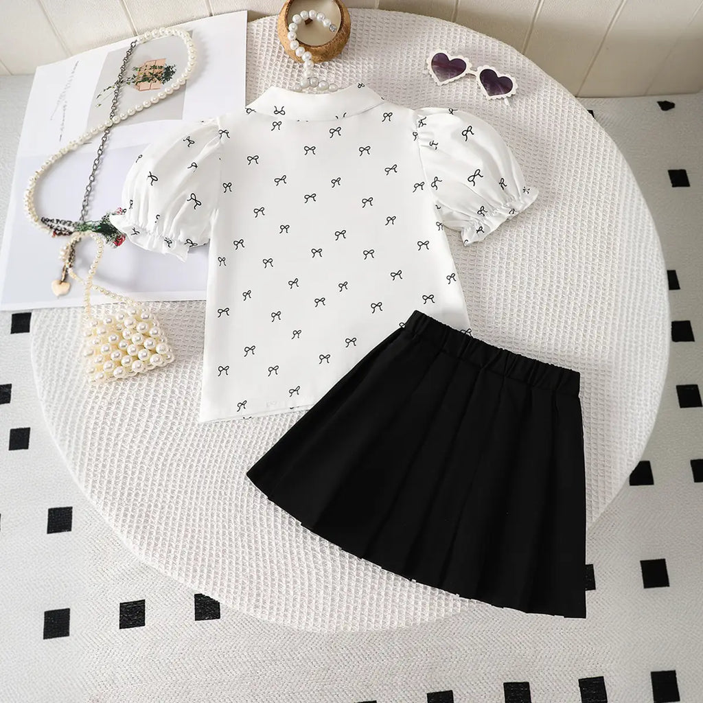 Girls White Bow Print Peter Pan Collar Top With Elasticated Skirt Sets Sets