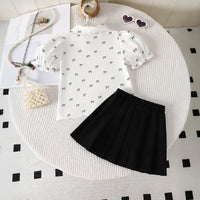 Girls White Bow Print Peter Pan Collar Top With Elasticated Skirt Sets Sets