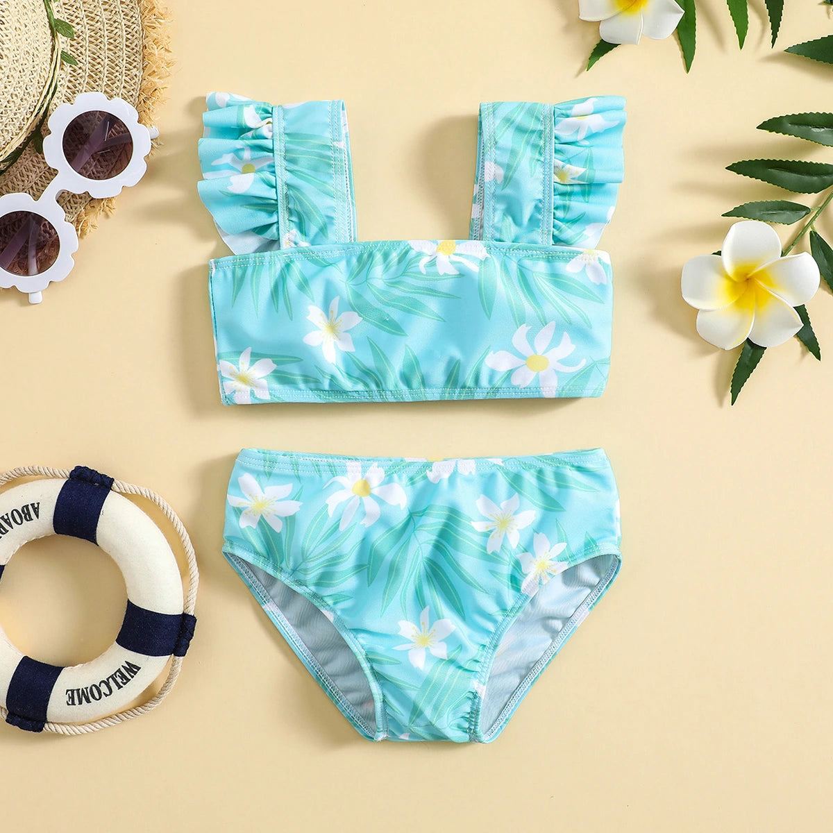 Girls Sky Blue Floral Printed To With Briefs Swimwear Sets Sets Sky Blue 1-2 Y