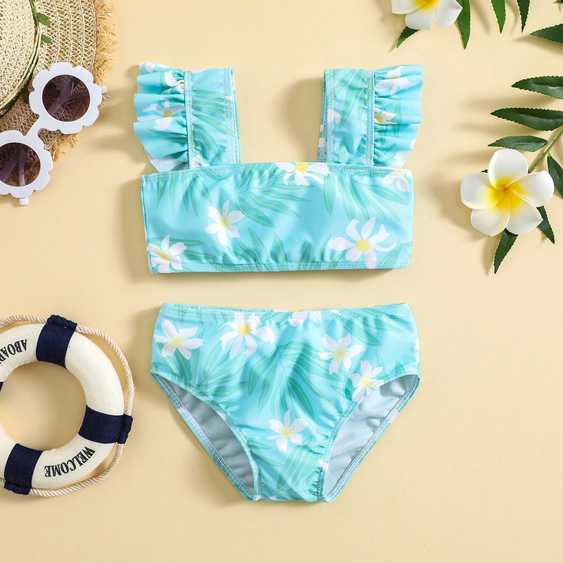 Girls Sky Blue Floral Printed To With Briefs Swimwear Sets Sets Sky Blue 1-2 Y