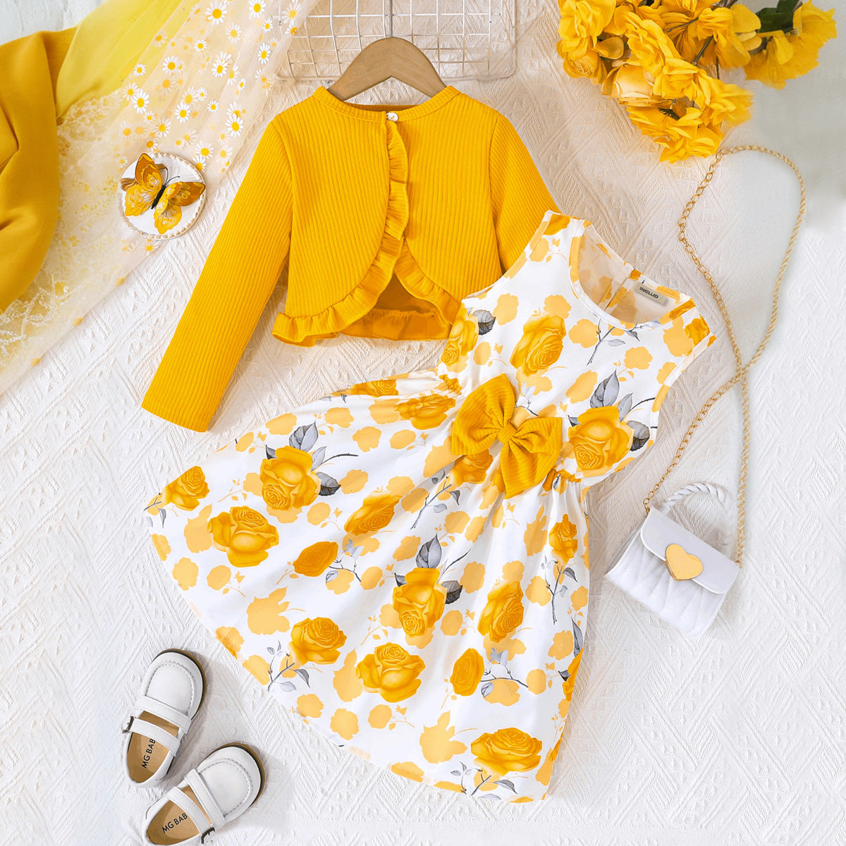 Girls Yellow Long Sleeve Top With Sleeveless Floral Print Dress Casual Dresses Yellow 2-3 Y
