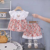 Girls Coral Floral Printed Eyelet Ruffle Top With Elasticated Shorts Sets 2 pc. Sets Coral 1-2 Y