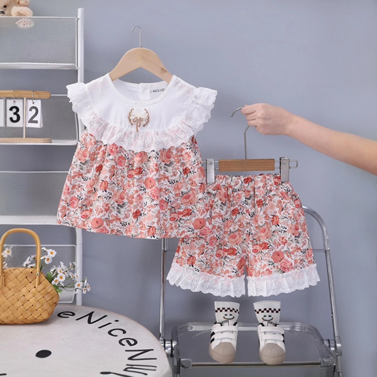 Girls Coral Floral Printed Eyelet Ruffle Top With Elasticated Shorts Sets 2 pc. Sets Coral 1-2 Y