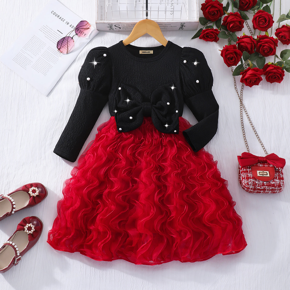Girls Red Textured Beaded Fit & Flare Dress Casual Dresses Red 3-4 Y