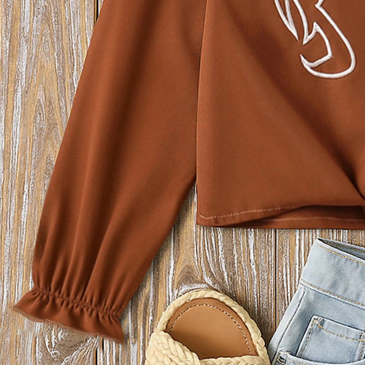Girls Brown Embroidered Cuffed Sleeve Top Tops