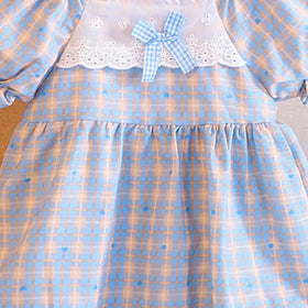 Girls Light Blue Checked A-line Dress With Bow & Lace Trim Casual Dresses