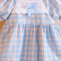 Girls Light Blue Checked A-line Dress With Bow & Lace Trim Casual Dresses