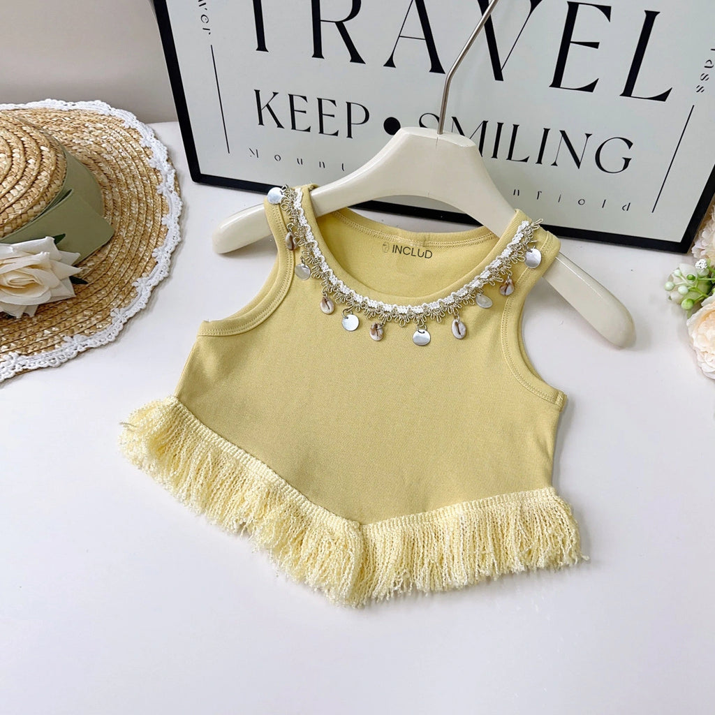 Girls Yellow Embellished Sleeveless Top With Checked Skirt Sets 2 pc. Sets
