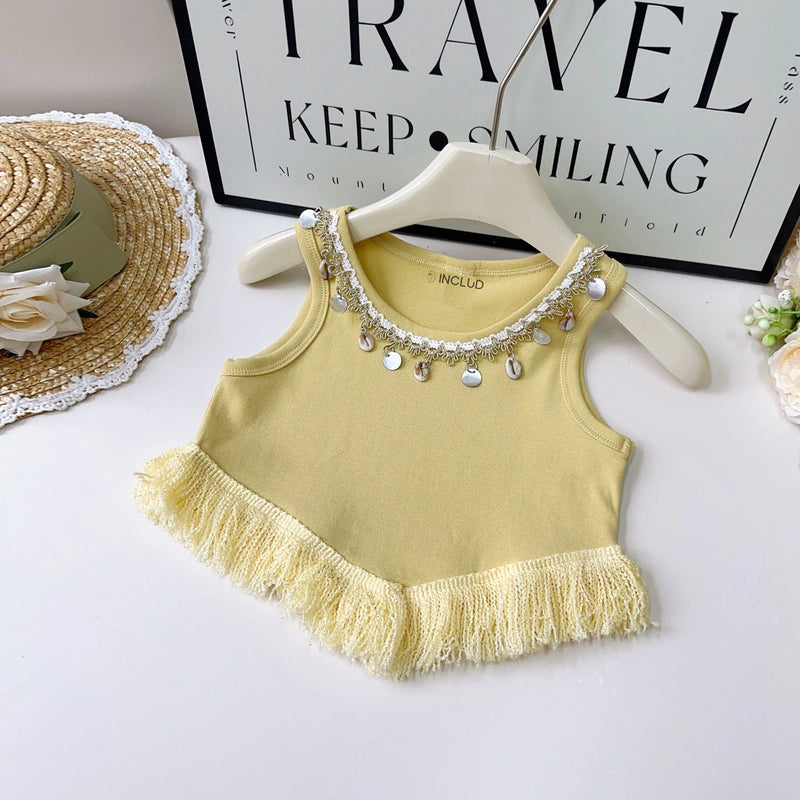 Girls Yellow Embellished Sleeveless Top With Checked Skirt Sets 2 pc. Sets