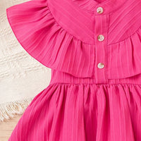 Girls Fuchsia Self Stripes Layered Dress With Button Details Casual Dresses