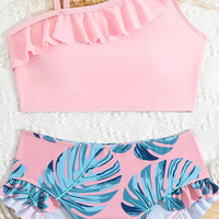 Girls Pink Solid Ruffled One Shoulder Top With Tropical Printed Shorts Swimsuit Sets Sets