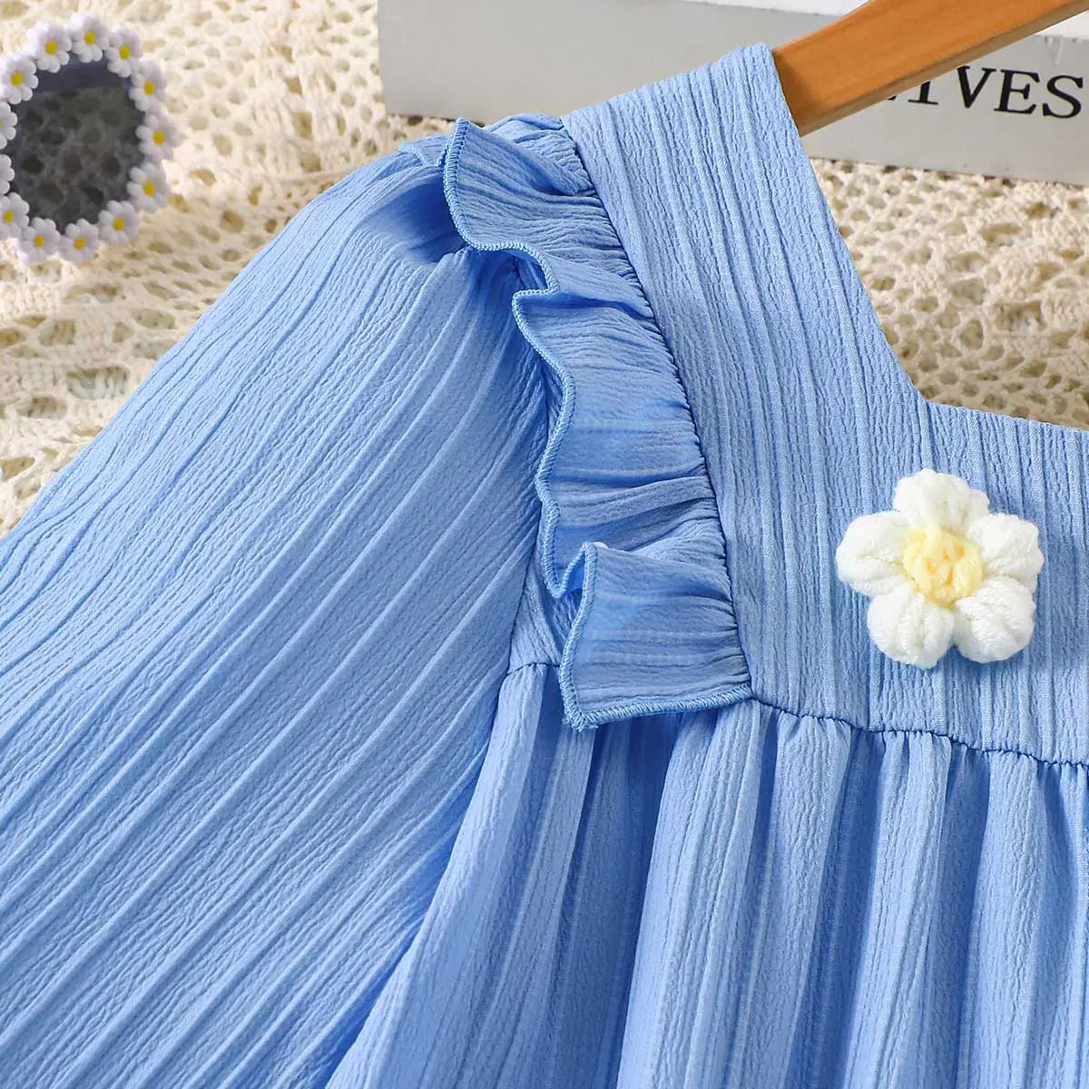 Girls Light Blue Textured Ruffled Long Sleeve Dress with Floral Appliques Casual Dresses