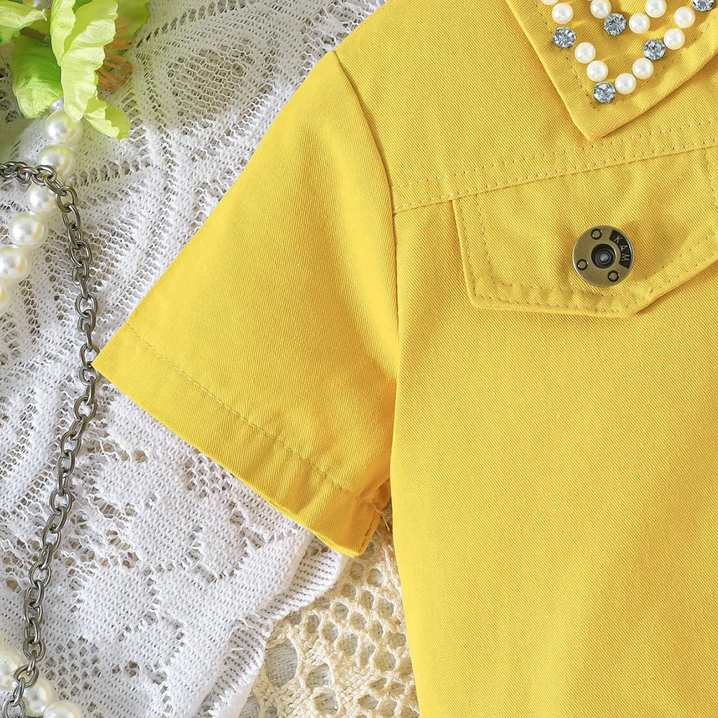 Girls Yellow Self-Design Crop Length Top With Skirt Sets 2 pc. Sets