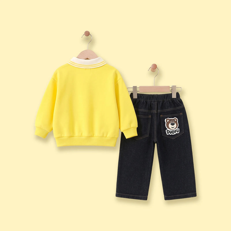 Boys Yellow Graphic Polo Sweatshirt With Denim Pants Sets Sets