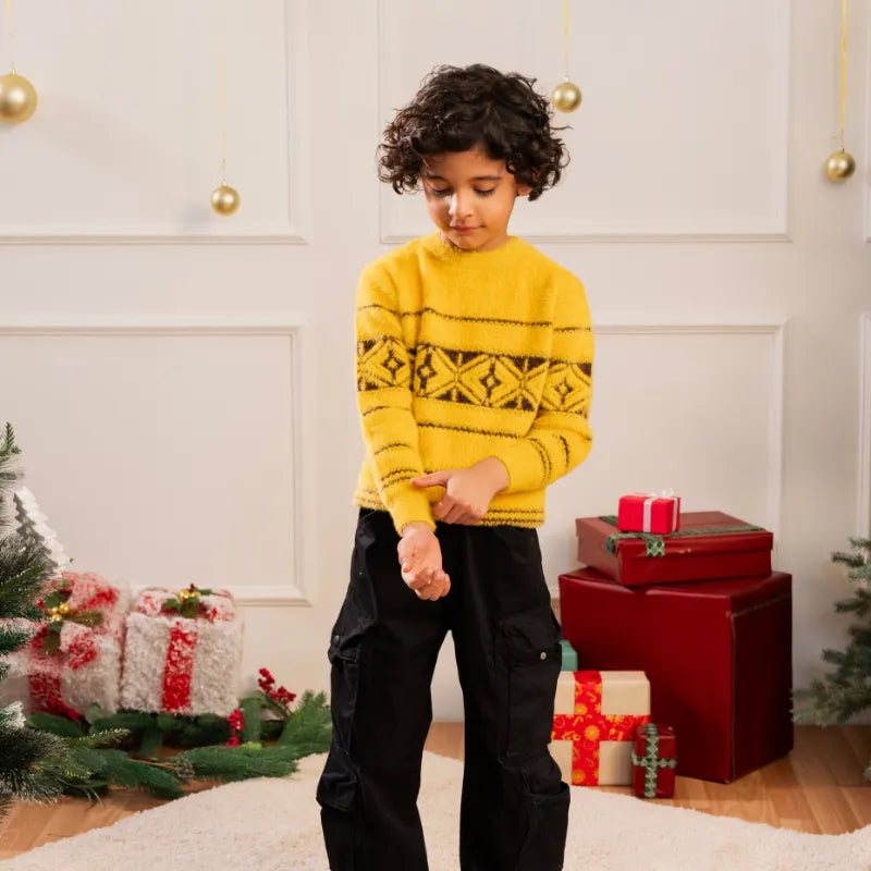 Boys Yellow Self-Design Regular Sweater Sweaters & Cardigans