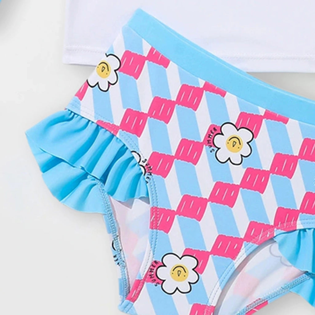Girls Light Blue Flower Printed T-Shirt With Ruffled Briefs Swimwear Sets Sets
