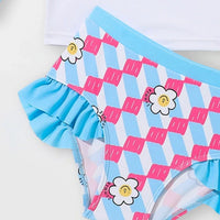 Girls Light Blue Flower Printed T-Shirt With Ruffled Briefs Swimwear Sets Sets