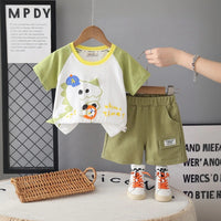 Boys Green Dinosaur Cartoon Print T-Shirt With Shorts Set Sets Green 1-2 Y