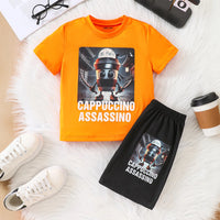 Boys Bright Orange Graphics Short Sleeves T-Shirt With Shorts Set Sets Orange 3-4 Y