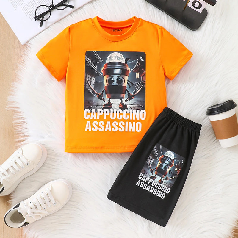 Boys Bright Orange Graphics Short Sleeves T-Shirt With Shorts Set Sets Orange 3-4 Y