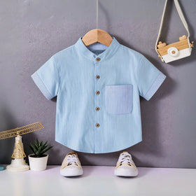 Boys Light Blue Solid Mandarin Collar Shirt With Stripes Patch Pocket Shirts Light Blue 1-2 Y