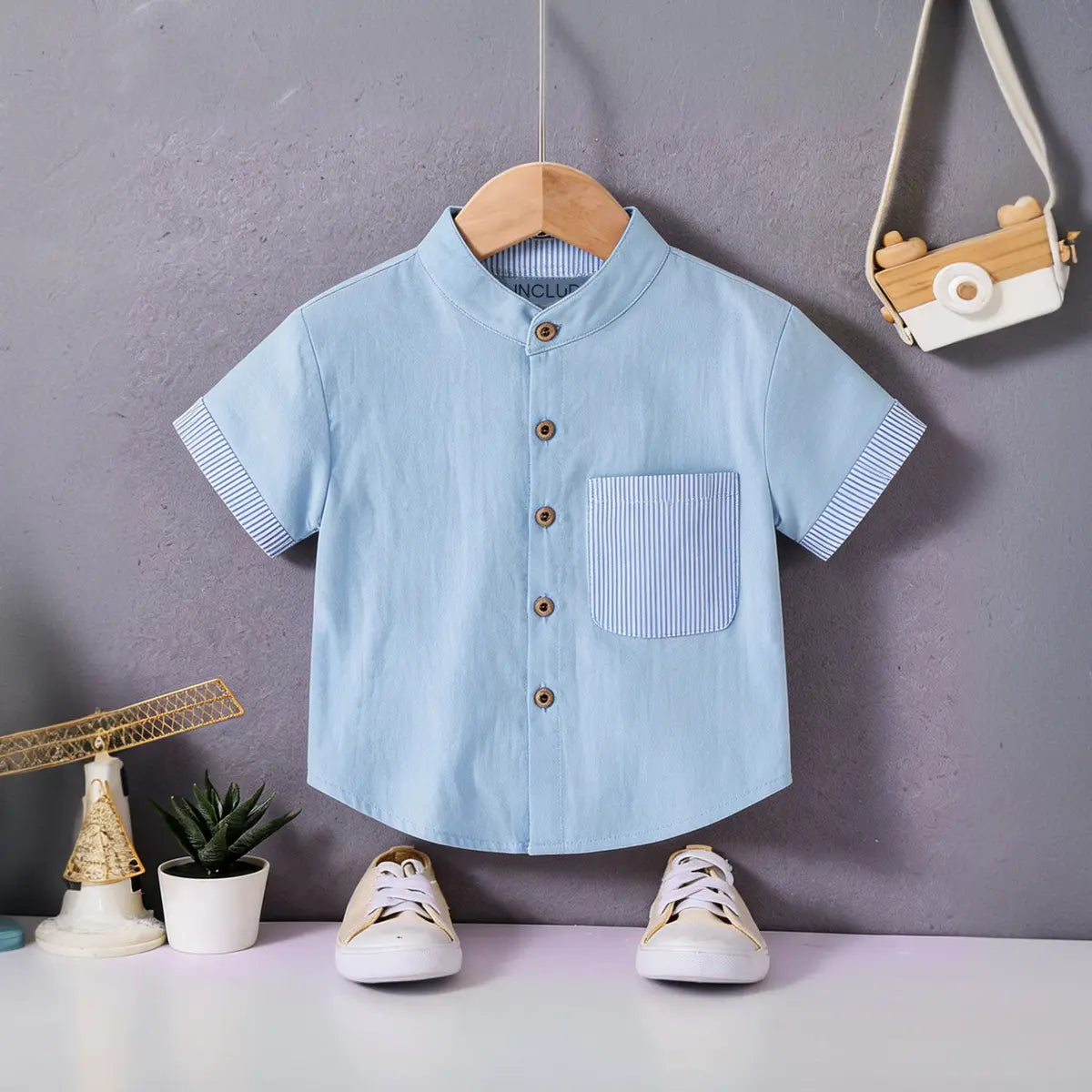Boys Light Blue Solid Mandarin Collar Shirt With Stripes Patch Pocket Shirts Light Blue 1-2 Y