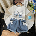 Girls White Printed Bow Short Sleeve T-Shirt With Denim Shorts Sets 2 pc. Sets White 3-4 Y