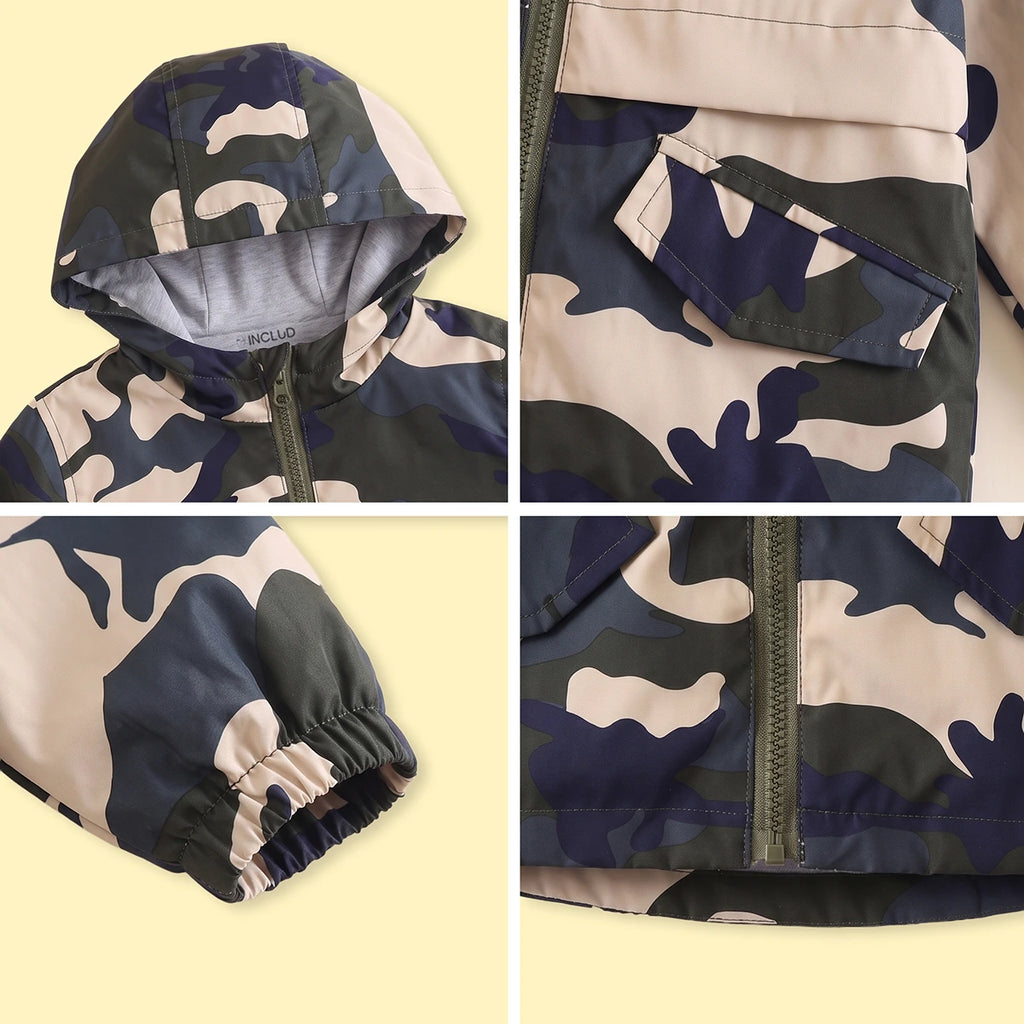 Boys Green Camouflage Print Hooded Zip-up Jacket Coats & Jackets