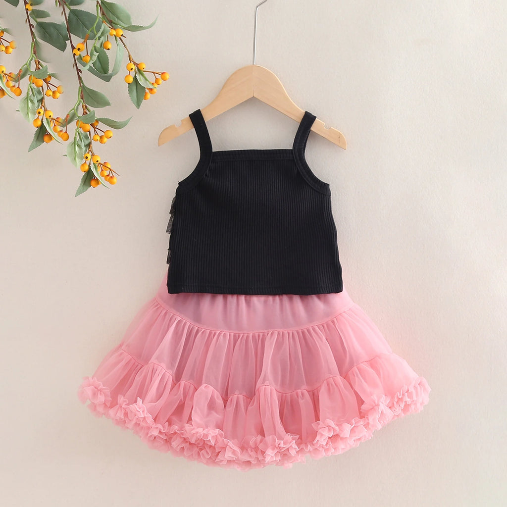 Girls Ruffle Sleeveless Top With Peach Tiered Tulle Skirts Set Sets