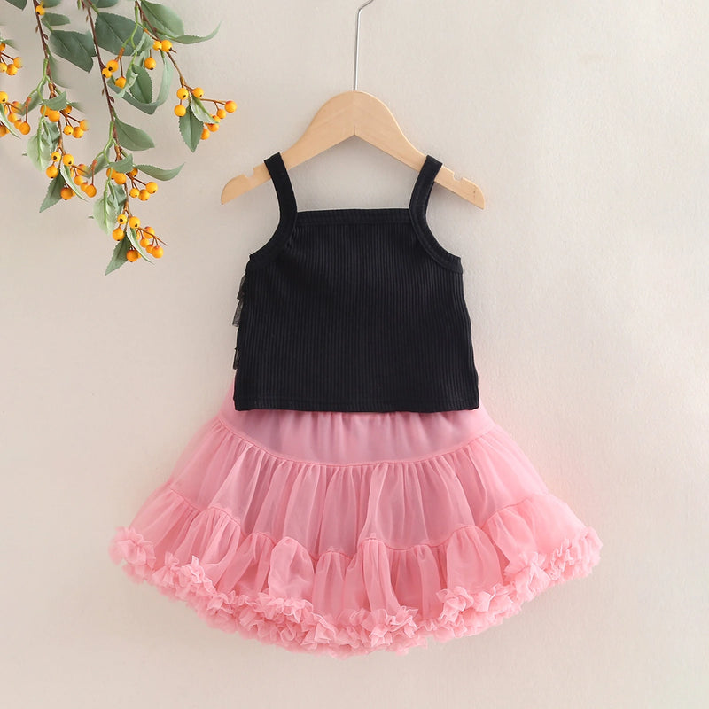 Girls Ruffle Sleeveless Top With Peach Tiered Tulle Skirts Set Sets