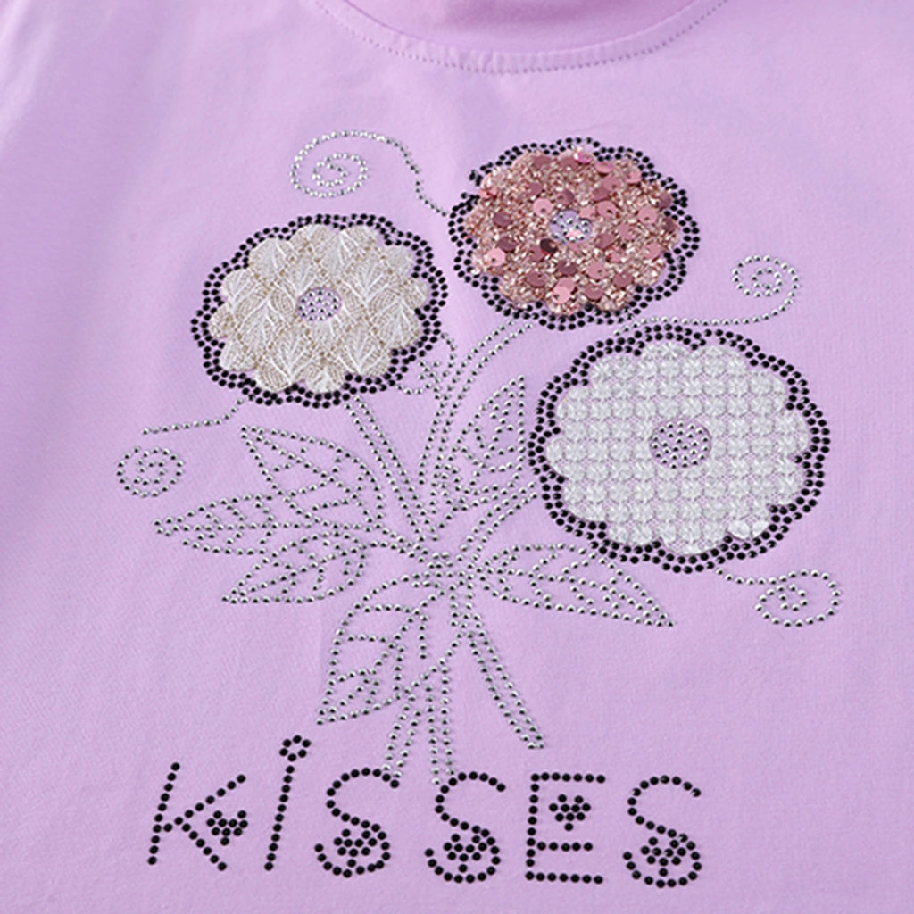 Girls Purple Floral Embellished T-Shirt With Pleated Denim Shorts Set Sets