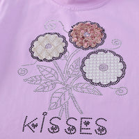 Girls Purple Floral Embellished T-Shirt With Pleated Denim Shorts Set Sets