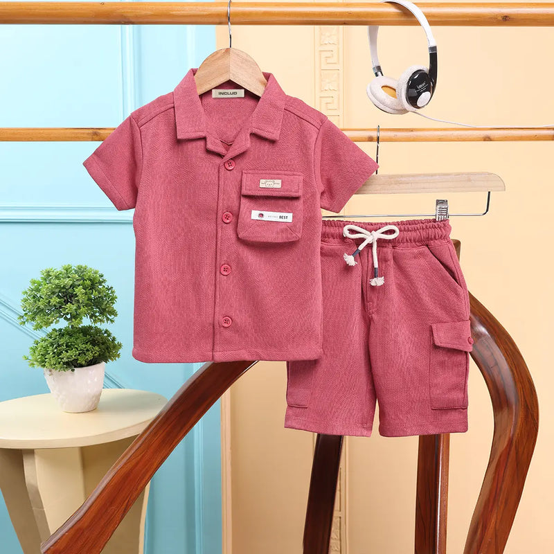 Boys Coral Self Design Shirt With Cargo Shorts Sets 2 pc. Sets Coral 6-12 M
