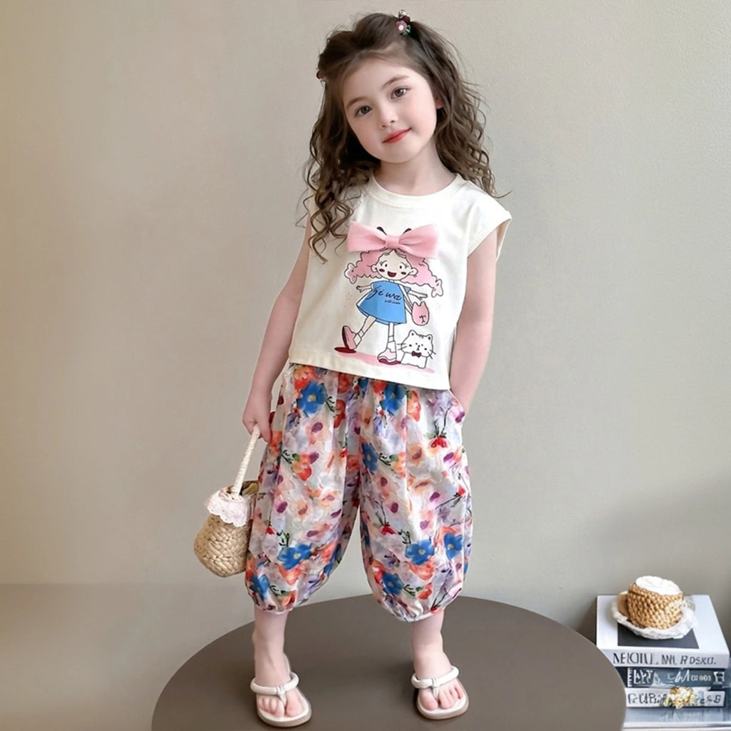 Girls Off White Sleeveless Graphic Top With Floral Pants Sets Sets Off White 1-2 Y