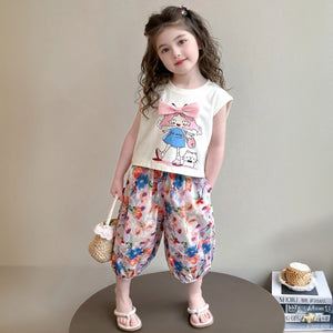 Girls Off White Sleeveless Graphic Top With Floral Pants Sets Sets Off White 1-2 Y