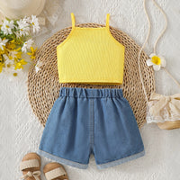 Girls Yellow 3D Flower applique Sleeveless Cami Top With Printed Denim Shorts Sets 2 pc. Sets