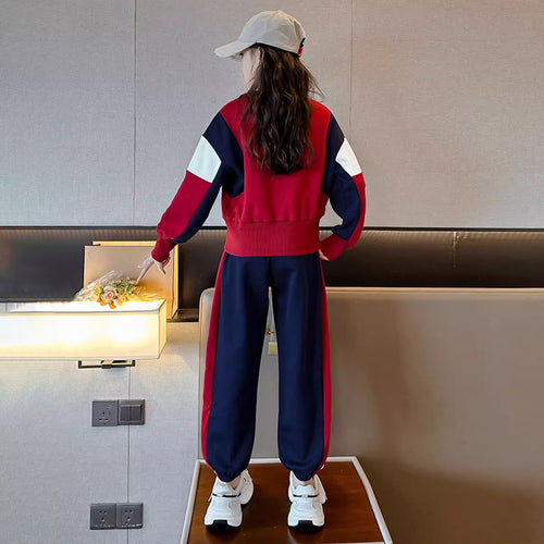 Girls Red Color-blocked Sweatshirt With Jogger Winter Set 2 pc. Sets