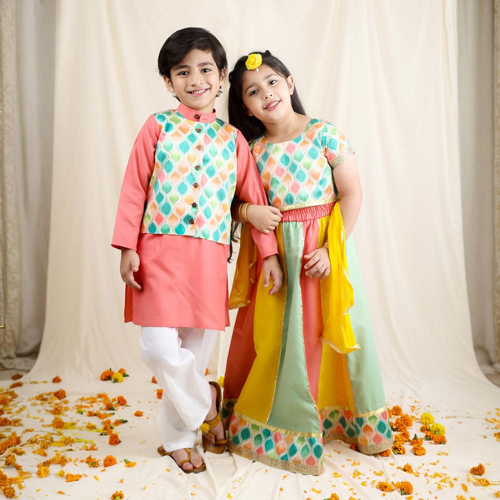 Multicolor Kurta Pyjama & Lehenga Sibling Set