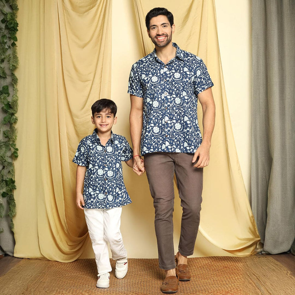 Navy Indigo Printed Shirt Dad & Son Set