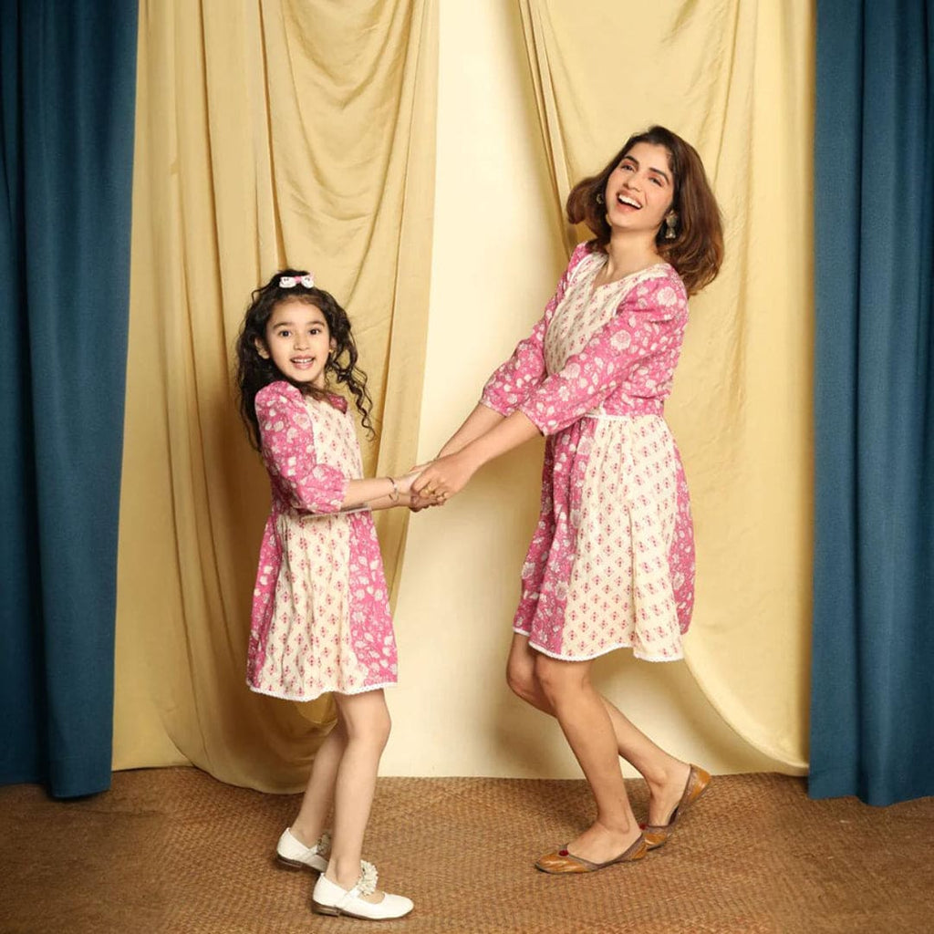 Rouge-Cream Printed Dress Mom & Daughter Set