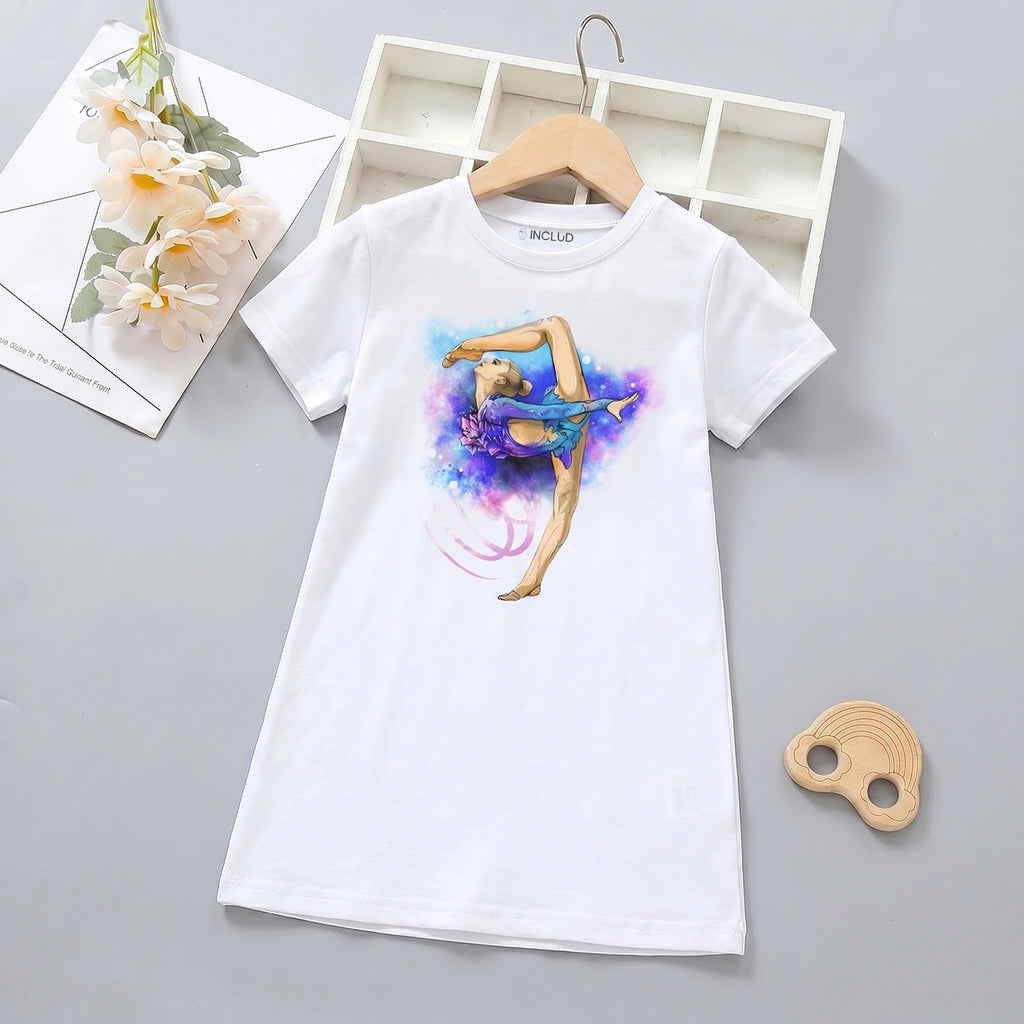 Girls White Gymnast Graphic Short Sleeve T-Shirt Dress Casual Dresses White 4-5 Y