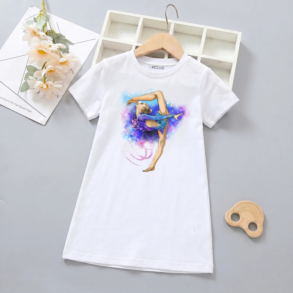 Girls White Gymnast Graphic Short Sleeve T-Shirt Dress Casual Dresses White 4-5 Y