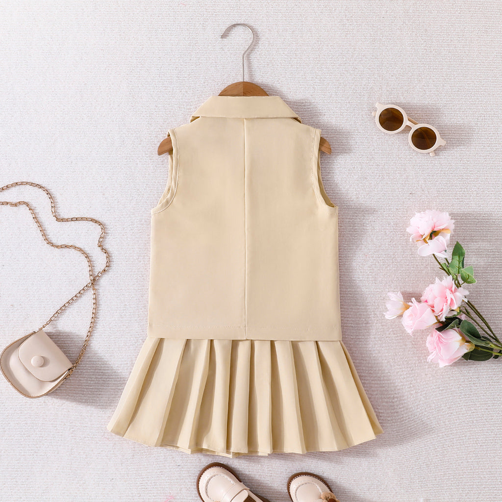 Girls Khaki Sleeveless Jacket With Camisole Top And Pleated Skirts Sets 3 pc. Sets