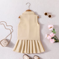 Girls Khaki Sleeveless Jacket With Camisole Top And Pleated Skirts Sets 3 pc. Sets