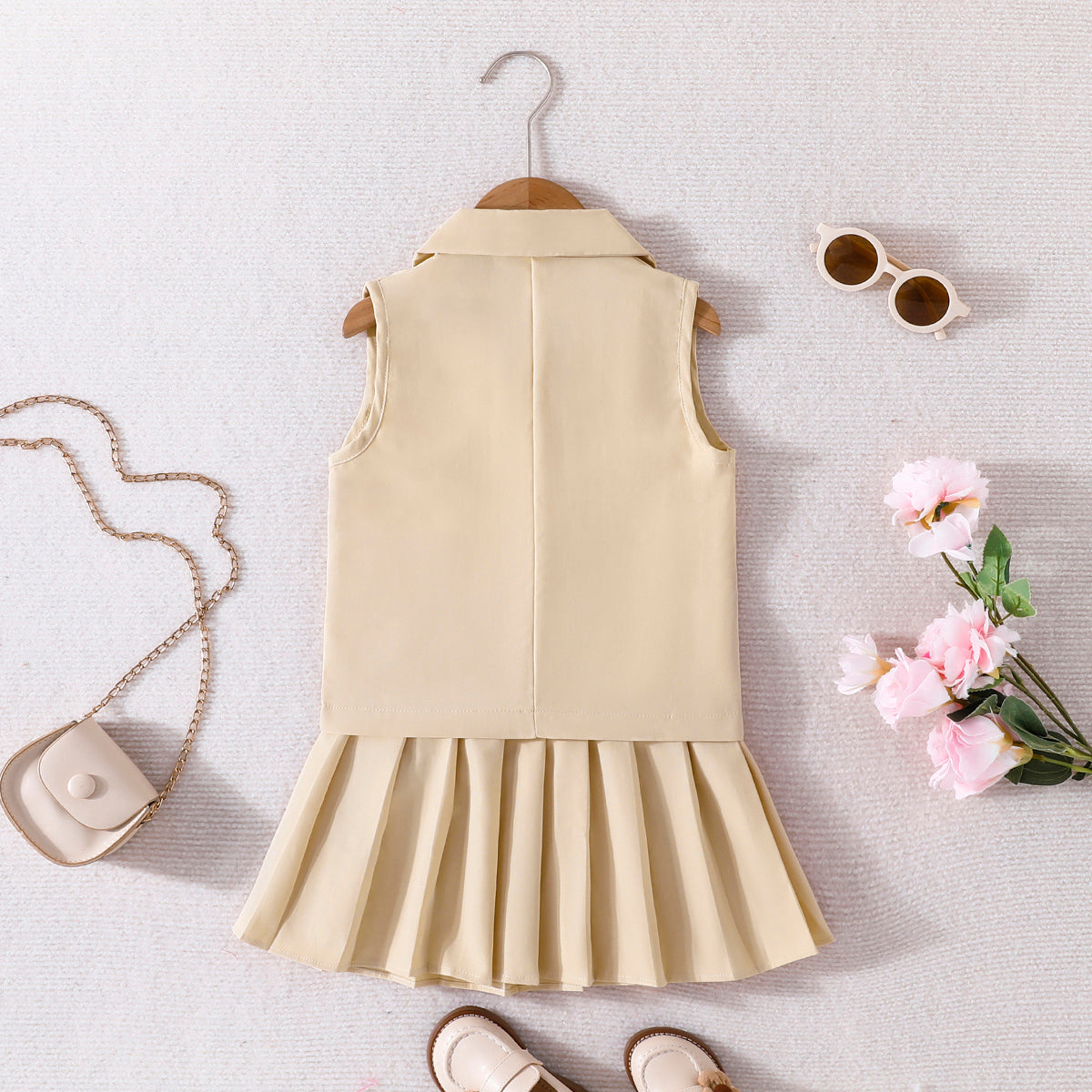 Girls Khaki Sleeveless Jacket With Camisole Top And Pleated Skirts Sets 3 pc. Sets