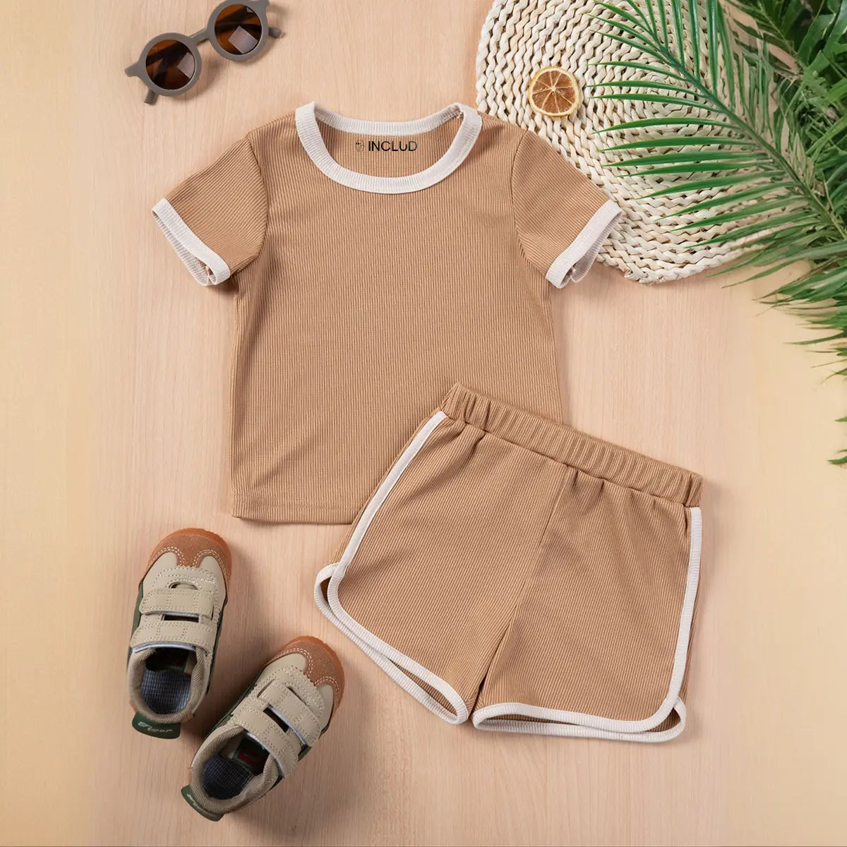 Girls Brown Ribbed Contrast Trims T-Shirt & Shorts Co-ord Sets Sets Brown 1-2 Y