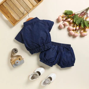 Boys Dark Blue Applique Denim Shirt With Elasticated Shorts Sets 2 pc. Sets