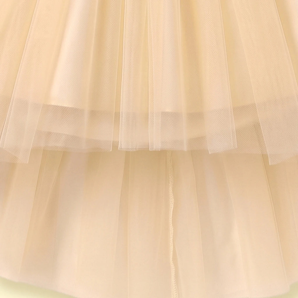 Girls Yellow Floral Applique Sleeveless High-Low Party Dress Party Dresses