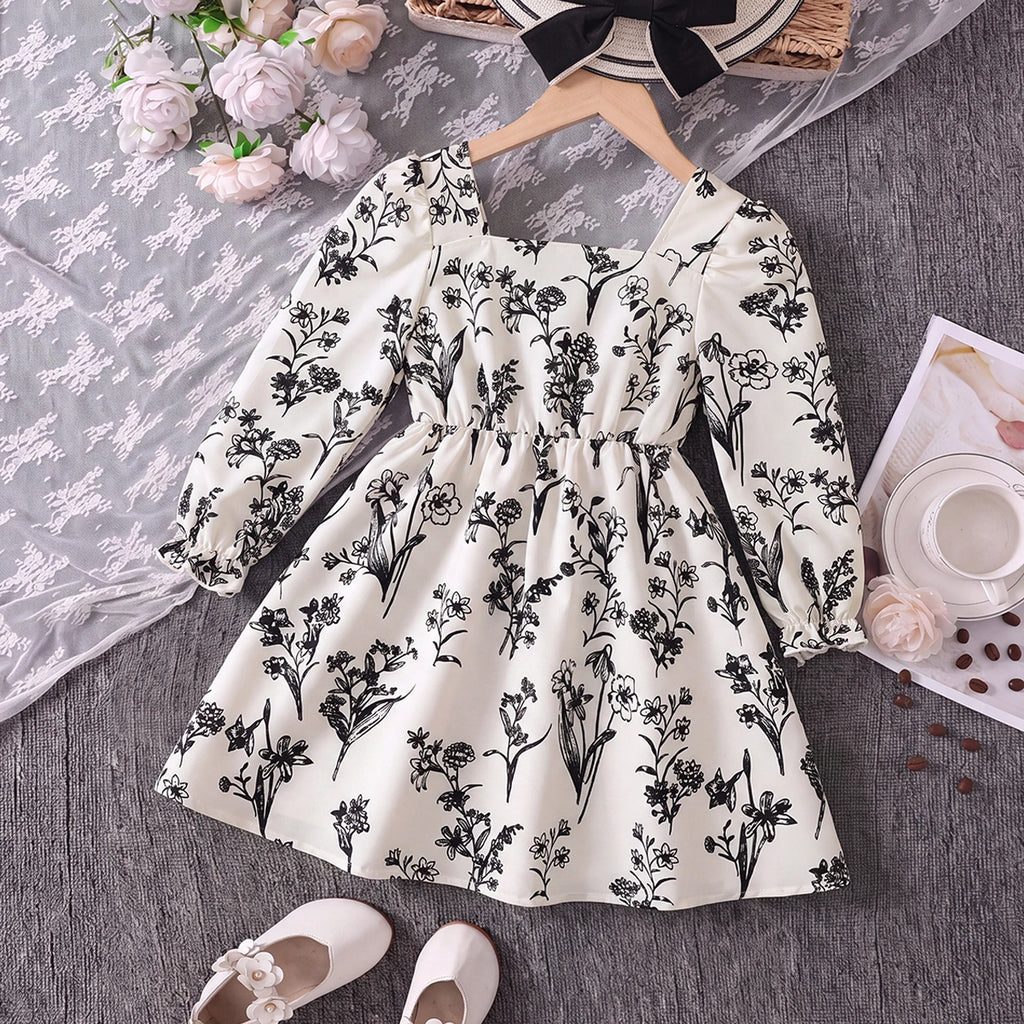 Girls Off White Floral Print Long Sleeve Fit & Flare Dress Casual Dresses Off White 3-4 Y