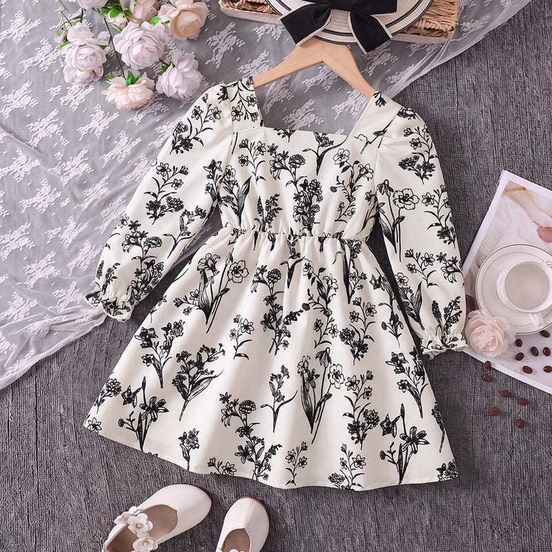 Girls Off White Floral Print Long Sleeve Fit & Flare Dress Casual Dresses Off White 3-4 Y